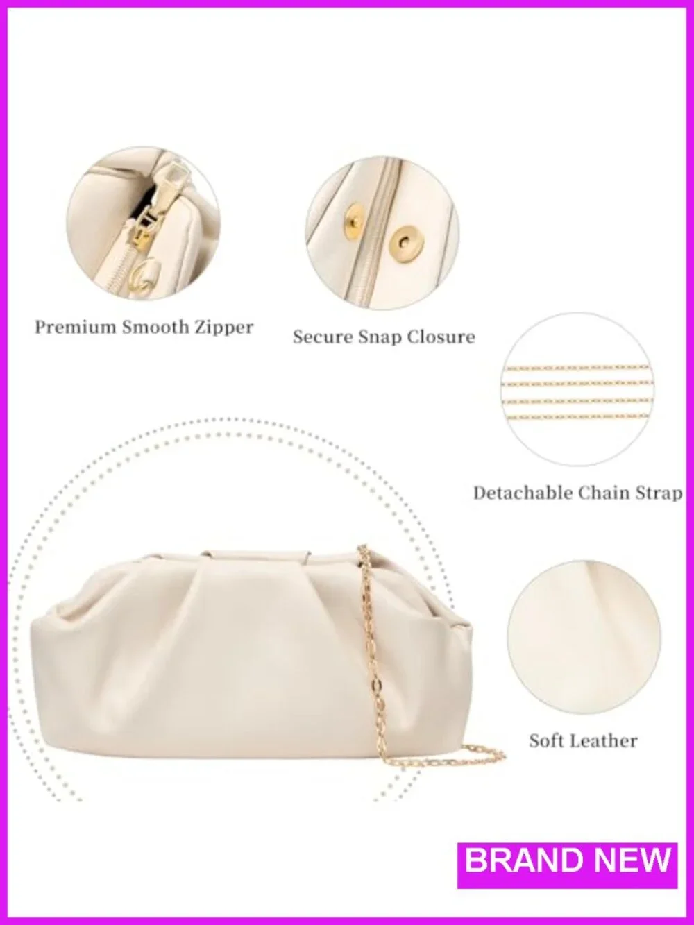 Cream Womens Clutch Purse with Gold Detachable Chain PU Leather Evening Bag